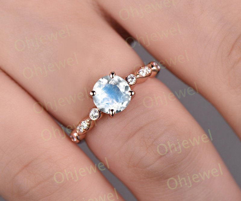 1ct blue moonstone engagement ring rose gold 14K/18K diamond wedding band moonstone ring gold June birthstone ring marquise promise ring