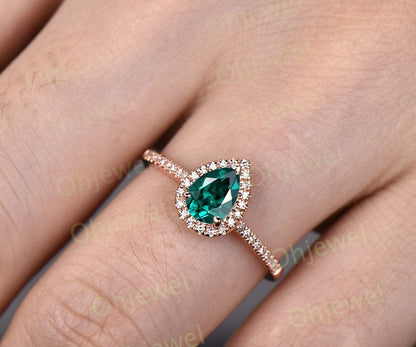 0.8ct green emerald engagement ring rose gold 14K/18K halo moissanite wedding ring half eternity stackable birthstone promise emerald ring