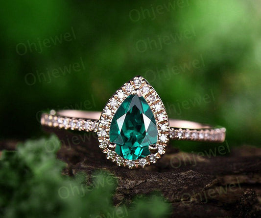 0.8ct green emerald engagement ring rose gold 14K/18K halo moissanite wedding ring half eternity stackable birthstone promise emerald ring