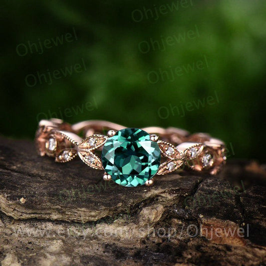 1ct Unique round emerald engagement ring rose gold 14K/18K emerald ring gold vintage full eternity diamond wedding band may birthstone ring