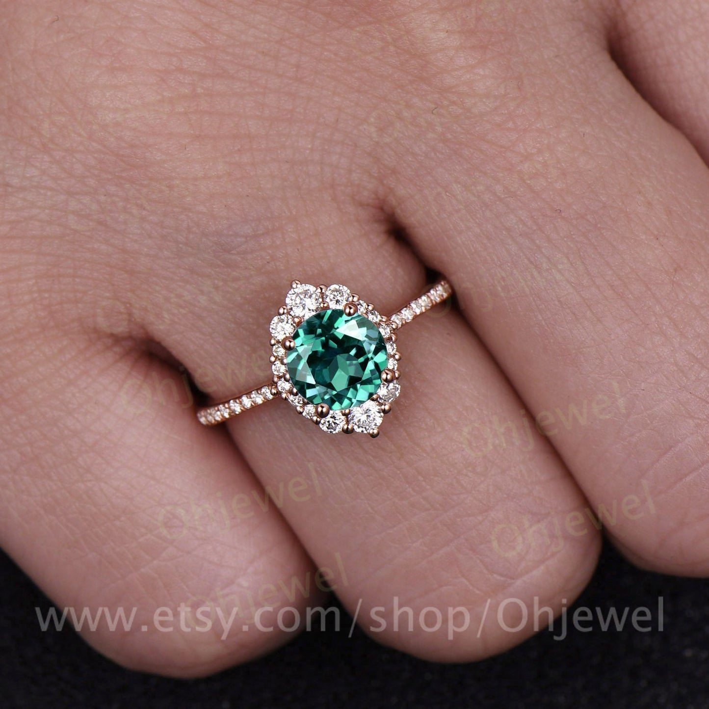 Green emerald engagement ring rose gold 14K/18K moissanite halo ring emerald ring vintage may birthstone unique wedding promise bridal ring