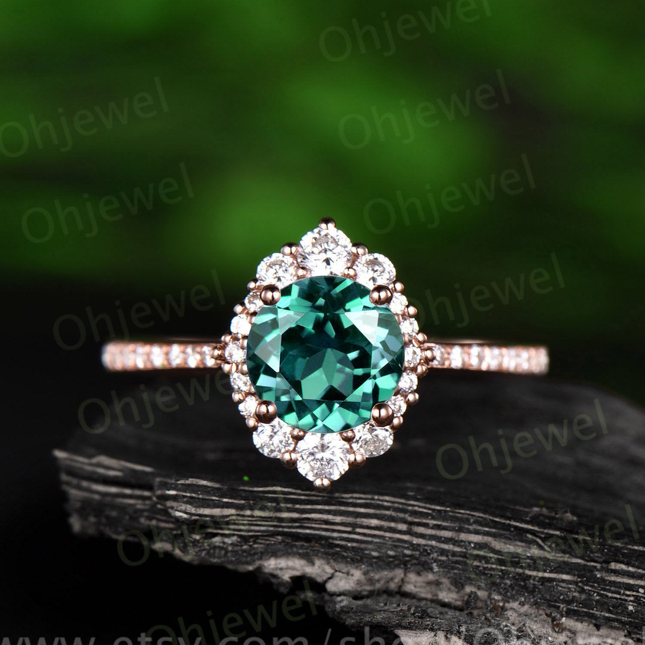 Green emerald engagement ring rose gold 14K/18K moissanite halo ring emerald ring vintage may birthstone unique wedding promise bridal ring