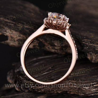 1ct brilliant moissanite engagement ring rose gold 14K/18K vintage moissanite halo ring for women jewelry unique gift half eternity ring