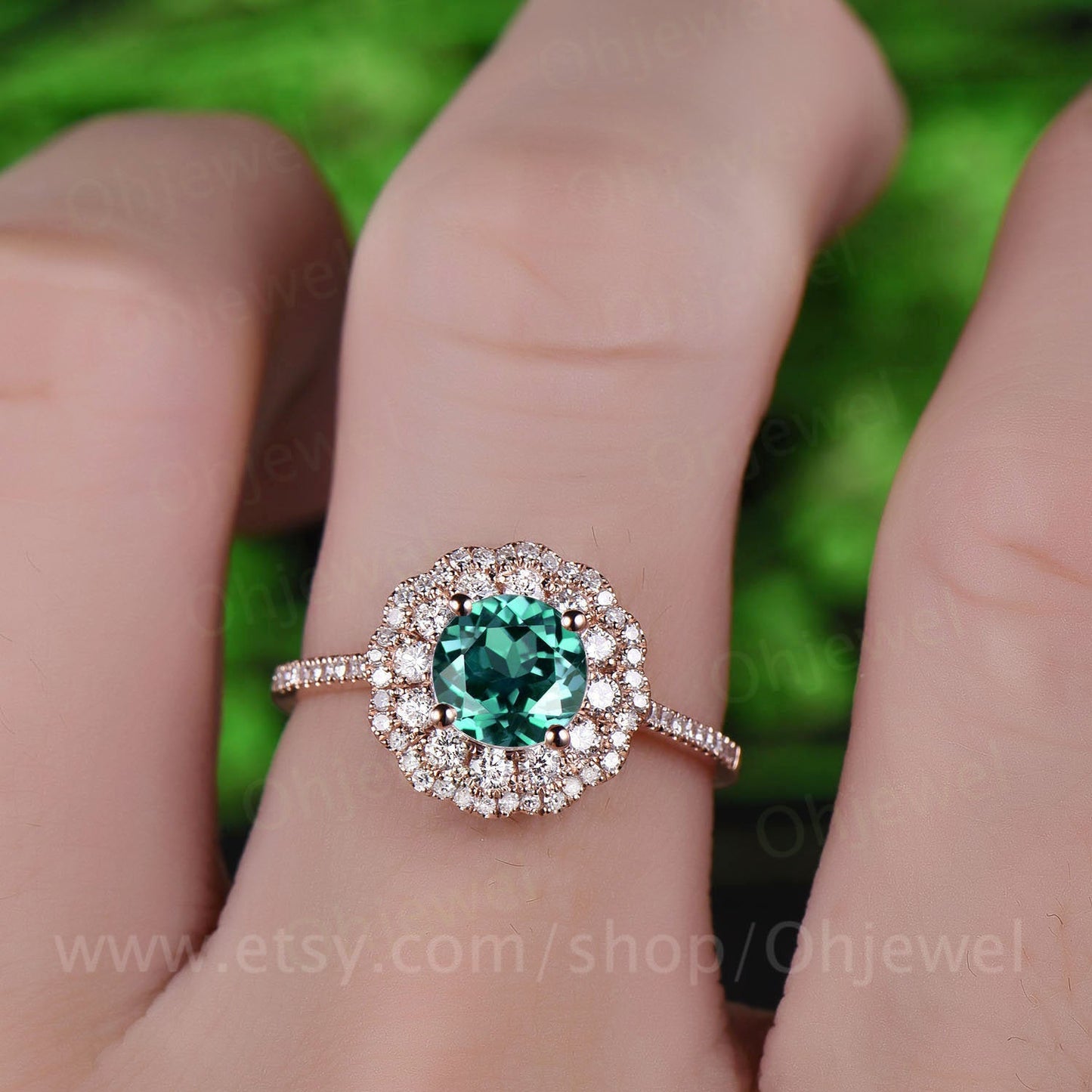 Green emerald engagement ring rose gold 14K/18K moissanite double halo ring emerald ring vintage may birthstone wedding ring fine jewelry
