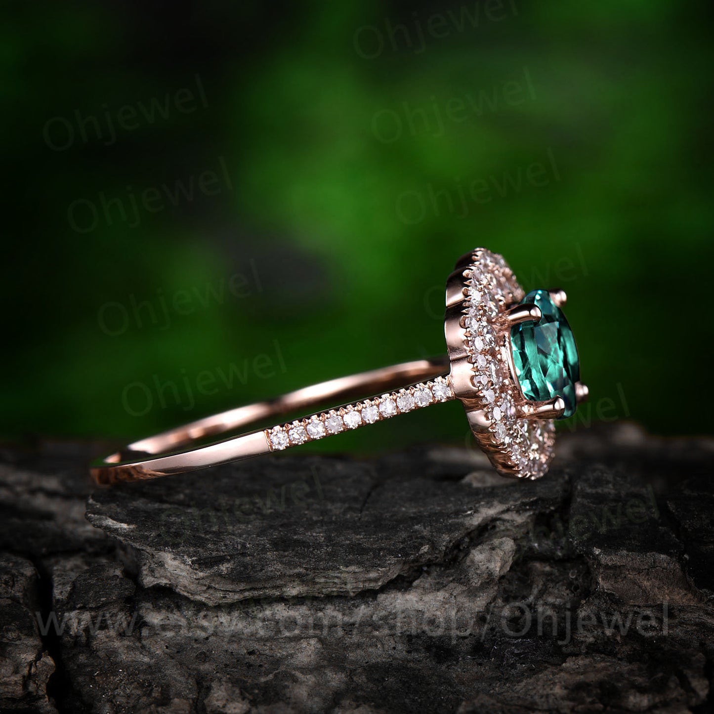 Green emerald engagement ring rose gold 14K/18K moissanite double halo ring emerald ring vintage may birthstone wedding ring fine jewelry
