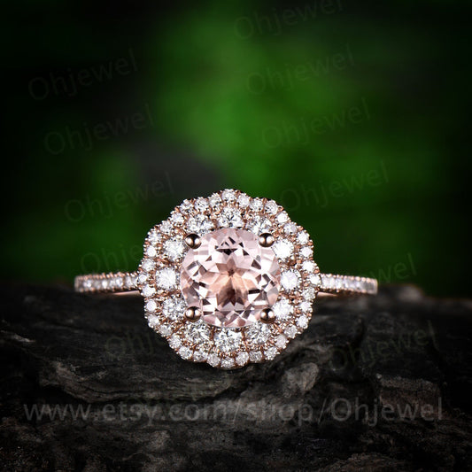 Round pink morganite ring morganite engagement ring rose gold 14K/18K moissanite double halo ring antique fine jewelry wedding bridal ring