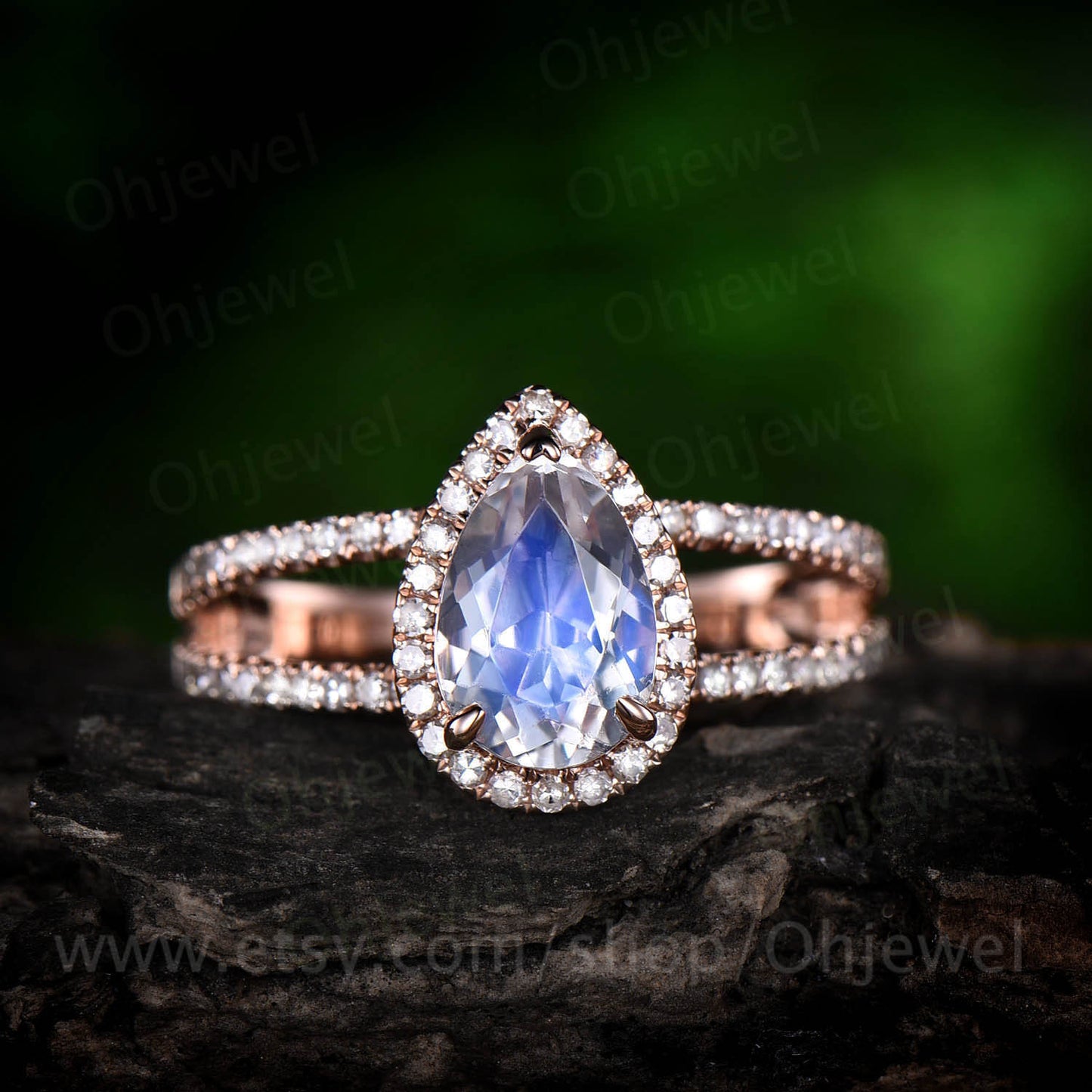 6x9mm natural moonstone ring moonstone engagement ring rose gold 14K/18K diamond halo ring split shank vintage wedding promise bridal ring