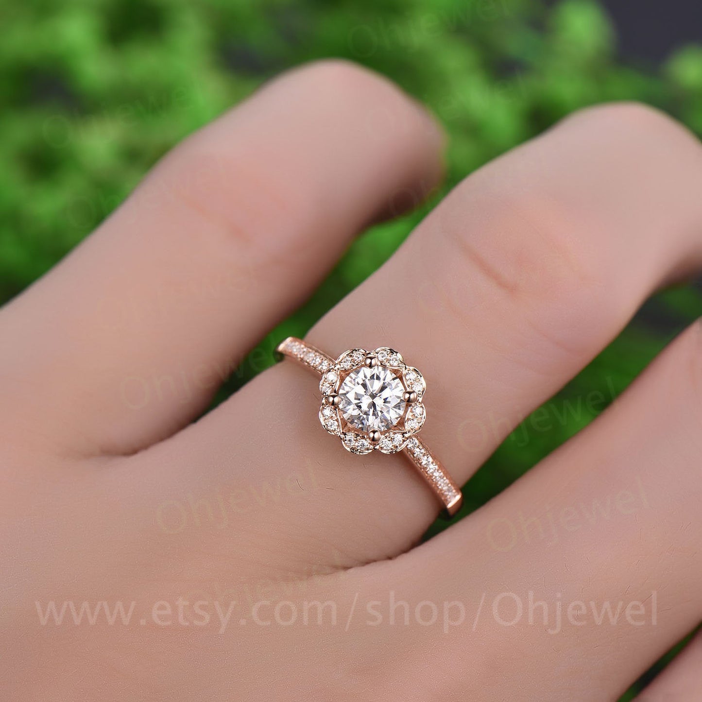Unique round moissanite engagement ring rose gold 14K/18K diamond halo ring wedding ring band half eternity flower promise anniversary ring