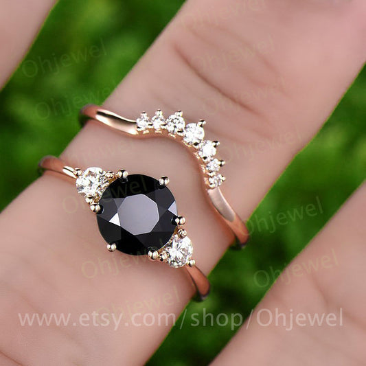 Natural black spinel engagement ring set rose gold 14K/18K black spinel ring gold Three stone engagement ring moissanite wedding ring