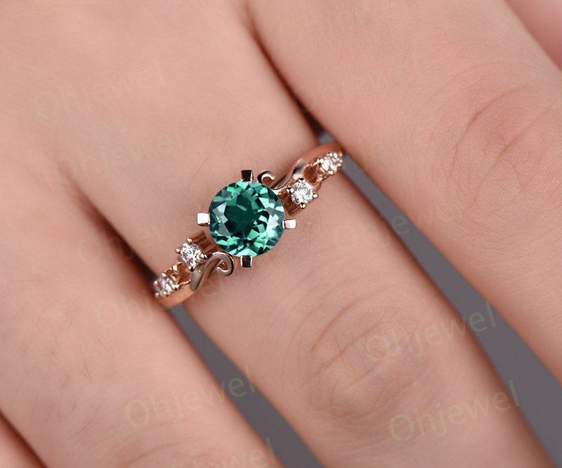 Emerald engagement ring rose gold 14K/18K emerald ring gold vintage diamond ring unique wedding ring band promise ring may birthstone ring