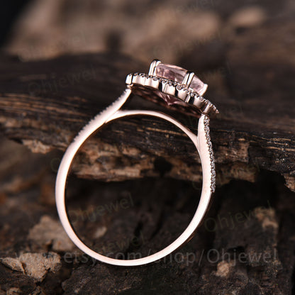 Round pink morganite ring morganite engagement ring rose gold 14K/18K moissanite double halo ring antique fine jewelry wedding bridal ring
