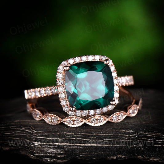 1PC only emerald engagement ring rose gold emerald ring vintage diamond halo May birthstone wedding bridal ring