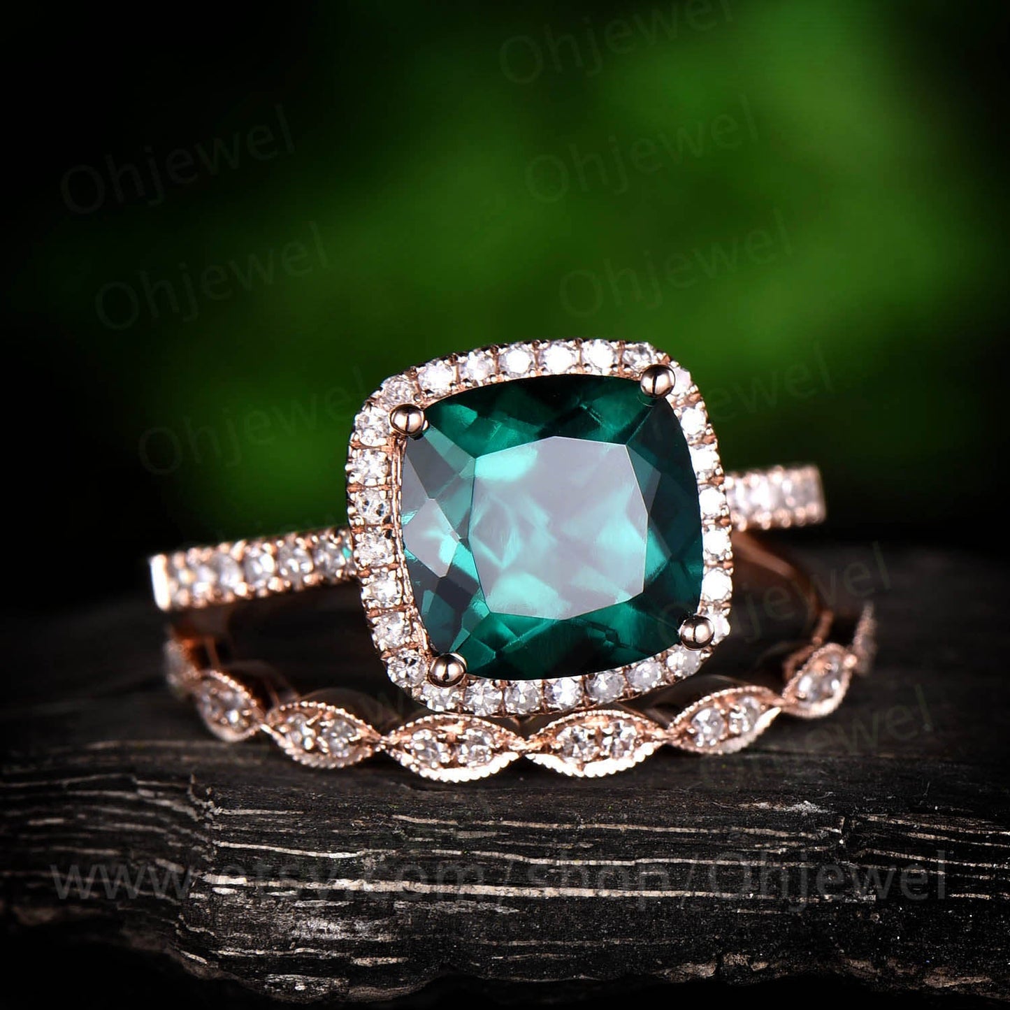 2.3ct green emerald engagement ring set rose gold 14K/18K emerald ring vintage diamond halo matching may birthstone wedding bridal ring set