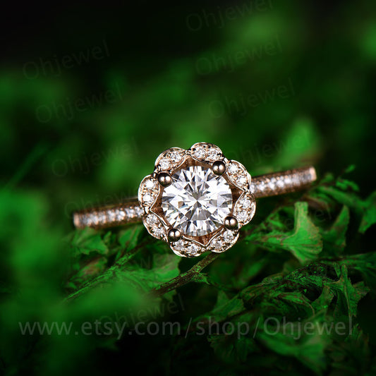 Unique round moissanite engagement ring rose gold 14K/18K diamond halo ring wedding ring band half eternity flower promise anniversary ring