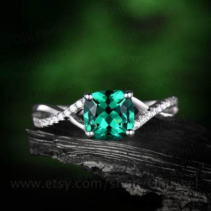 1.5ct cushion emerald engagement ring rose gold 14K/18K emerald ring vintage real diamond ring may birthstone promise wedding bridal ring