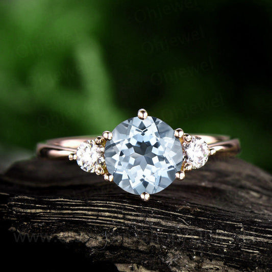 Three stone aquamarine engagement ring rose gold 14K/18K aquamarine ring gold March birthstone ring moissanite wedding ring promise ring