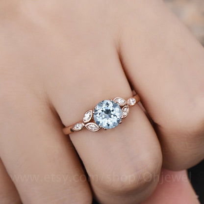 Aquamarine engagement ring rose gold 14K/18K moissanite wedding band aquamarine ring gold March birthstone ring flower marquise promise ring