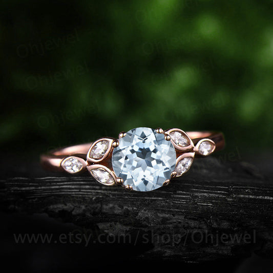 Aquamarine engagement ring rose gold 14K/18K moissanite wedding band aquamarine ring gold March birthstone ring flower marquise promise ring