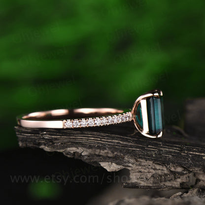 Emerald cut emerald ring for women vintage emerald engagement ring rose gold unique bridal ring half eternity diamond ring anniversary gift