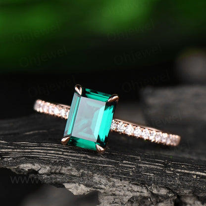 Emerald cut emerald ring for women vintage emerald engagement ring rose gold unique bridal ring half eternity diamond ring anniversary gift