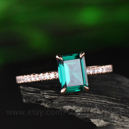 Emerald cut emerald ring for women vintage emerald engagement ring rose gold unique bridal ring half eternity diamond ring anniversary gift