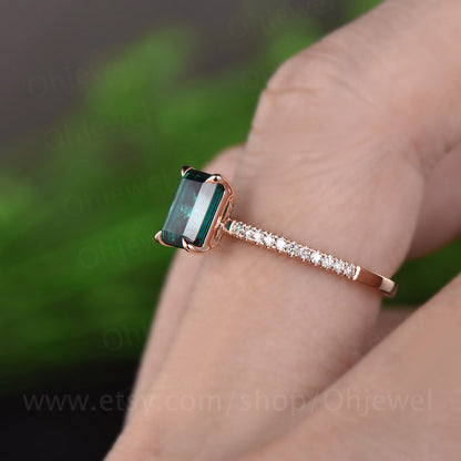 Emerald cut emerald ring for women vintage emerald engagement ring rose gold unique bridal ring half eternity diamond ring anniversary gift
