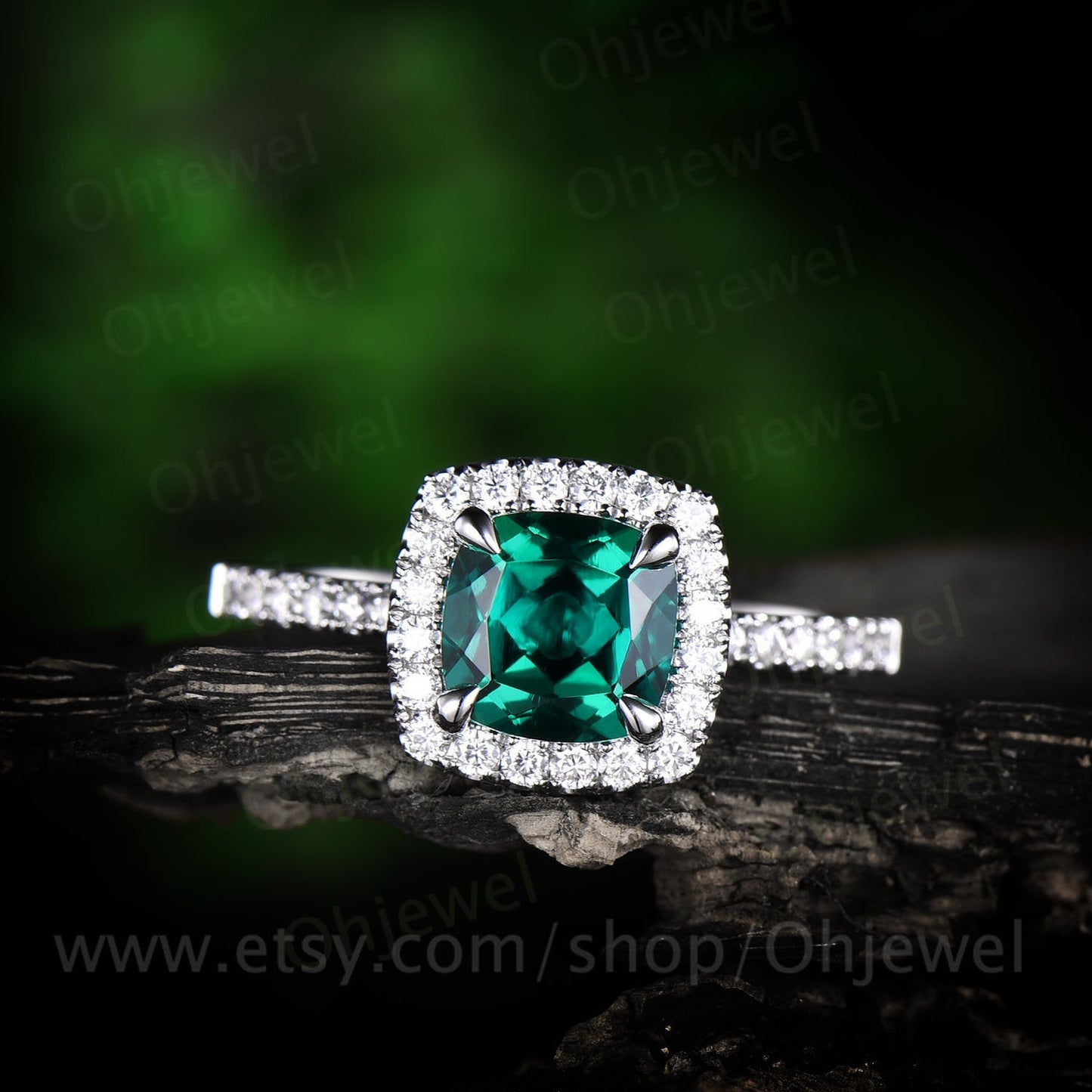 Cushion green emerald engagement ring white gold 14K/18K moissanite halo wedding ring band emerald ring vintage May birthstone promise ring