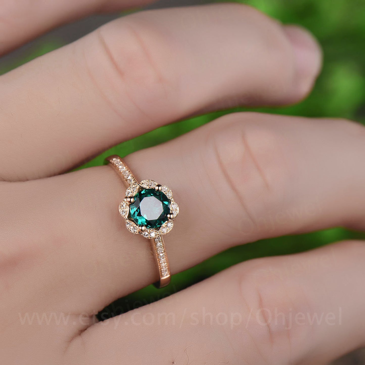 0.6ct flower green emerald engagement ring yellow gold 14K/18K emerald ring gold vintage May birthstone halo diamond wedding ring jewelry