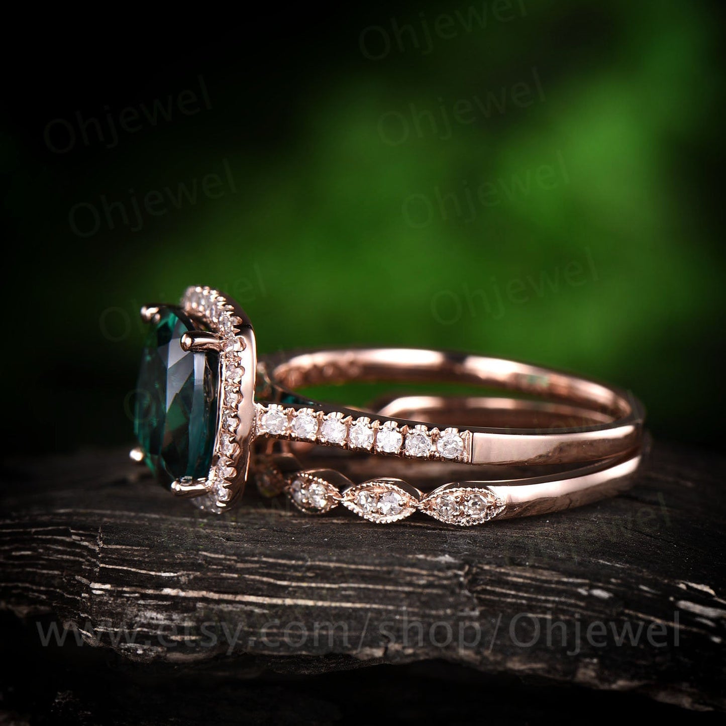 2.3ct green emerald engagement ring set rose gold 14K/18K emerald ring vintage diamond halo matching may birthstone wedding bridal ring set
