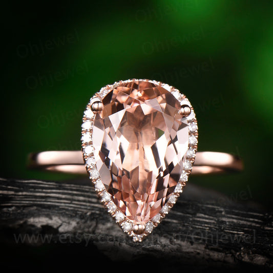 3.5ct pink morganite engagement ring rose gold 14K/18K pear 8x12mm big morganite ring diamond halo ring vintage wedding promise bridal ring