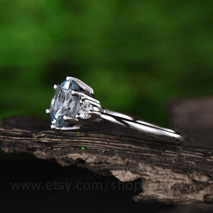 Three stone aquamarine engagement ring white gold 14K/18K aquamarine ring gold vintage March birthstone ring wedding promise ring jewelry