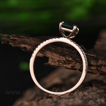 Emerald cut emerald ring for women vintage emerald engagement ring rose gold unique bridal ring half eternity diamond ring anniversary gift