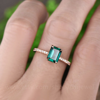 Emerald cut emerald ring for women vintage emerald engagement ring rose gold unique bridal ring half eternity diamond ring anniversary gift