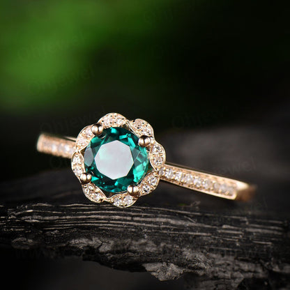 Flower green emerald engagement ring rose gold 14K/18K emerald ring vintage may birthstone halo diamond wedding unique promise bridal ring