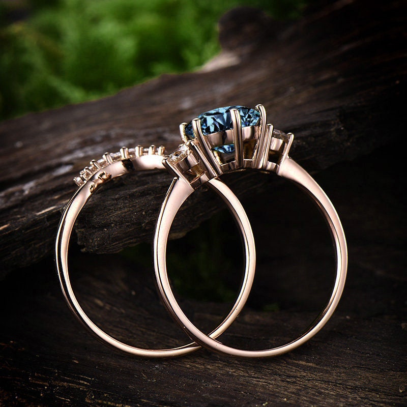 Three stone London blue topaz engagement ring set rose gold topaz ring vintage November birthstone moissanite wedding bridal ring set women