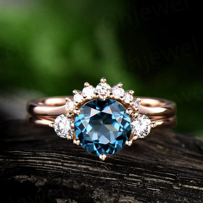 1pc Only the London blue topaz engagement ring rose gold 14K/18K Three stone topaz ring vintage November birthstone moissanite wedding ring
