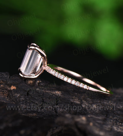 Emerald cut natural moonstone engagement ring vintage diamond ring rose gold half eternity wedding ring June birthstone ring jewelry gift
