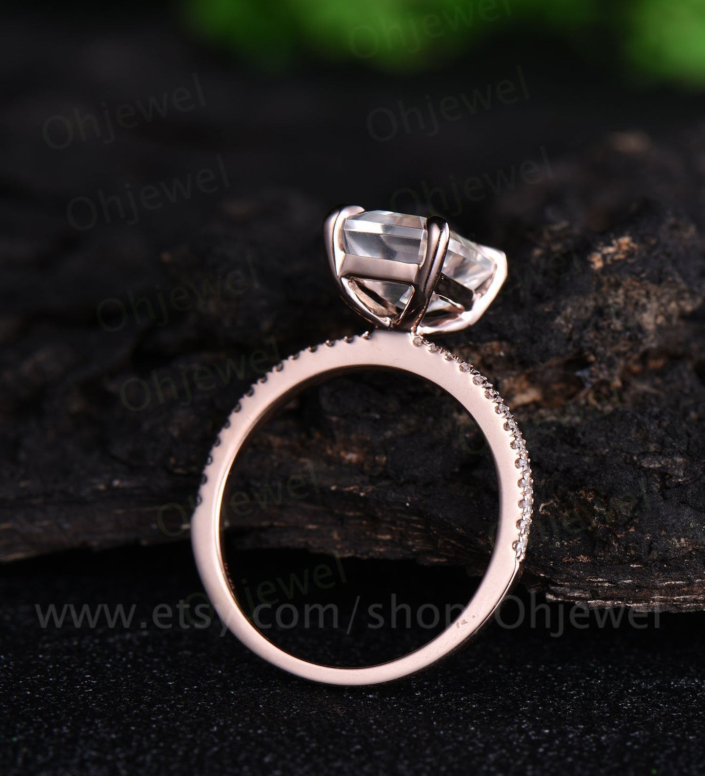 Emerald cut natural moonstone engagement ring vintage diamond ring rose gold half eternity wedding ring June birthstone ring jewelry gift