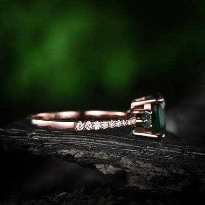 Three stone emerald engagement ring rose gold 14K/18K May birthstone ring 6x8mm oval emerald ring gold diamond wedding bridal promise ring