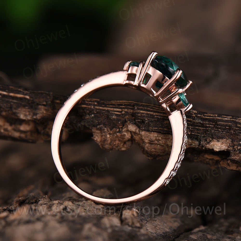 Three stone emerald engagement ring rose gold 14K/18K May birthstone ring 6x8mm oval emerald ring gold diamond wedding bridal promise ring