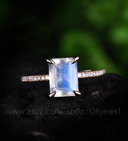 Emerald cut natural moonstone engagement ring vintage diamond ring rose gold half eternity wedding ring June birthstone ring jewelry gift