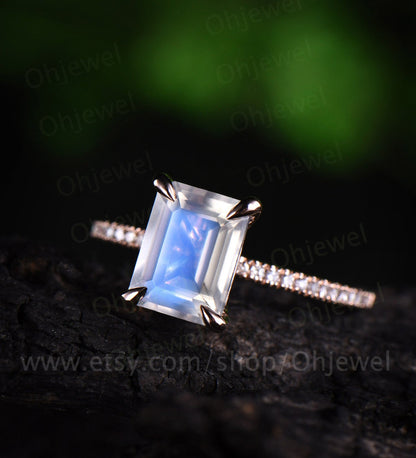 Emerald cut natural moonstone engagement ring vintage diamond ring rose gold half eternity wedding ring June birthstone ring jewelry gift