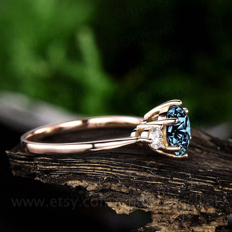 Three stone moissanite ring 14k rose gold ring color change alexandrite engagement ring vintage round 7mm alexandrite women wedding ring