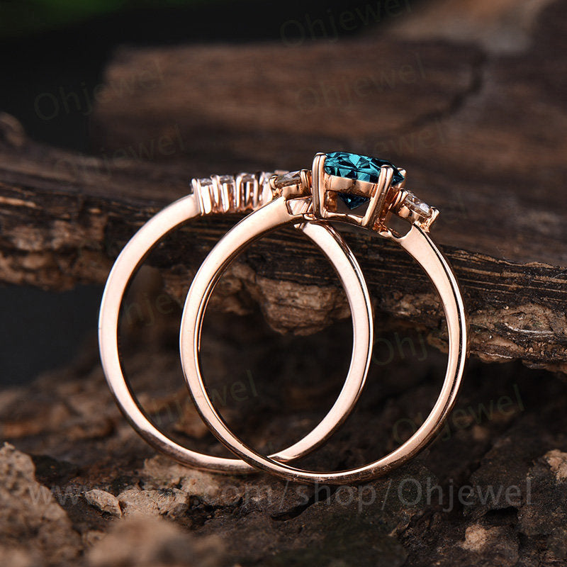 Three stone moissanite art deco ring 2pcs color change alexandrite engagement ring set rose gold vintage alexandrite wedding bridal ring set