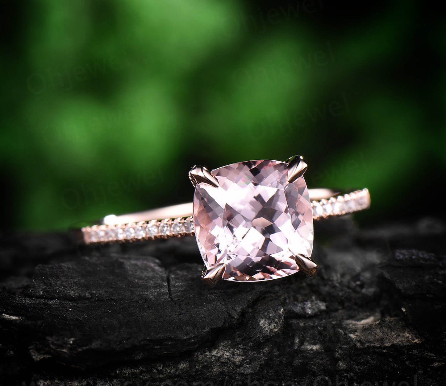 Cushion cut morganite ring  natural pink morganite engagement ring rose gold diamond under basket halo ring