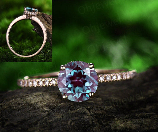 Real diamond under basket halo ring color change alexandrite engagement ring rose gold vintage 1ct round alexandrite women wedding ring gift