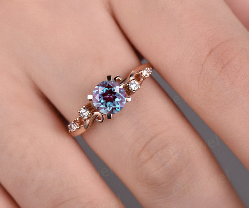 Antique diamond ring color change alexandrite engagement ring rose gold alexandrite ring gold vintage unique wedding ring band promise ring