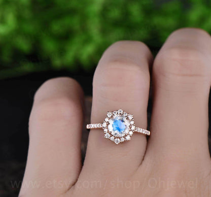 1ct moonstone engagement ring rose gold 14K/18k natural moonstone ring gold vintage June birthstone cluster halo moissanite wedding ring