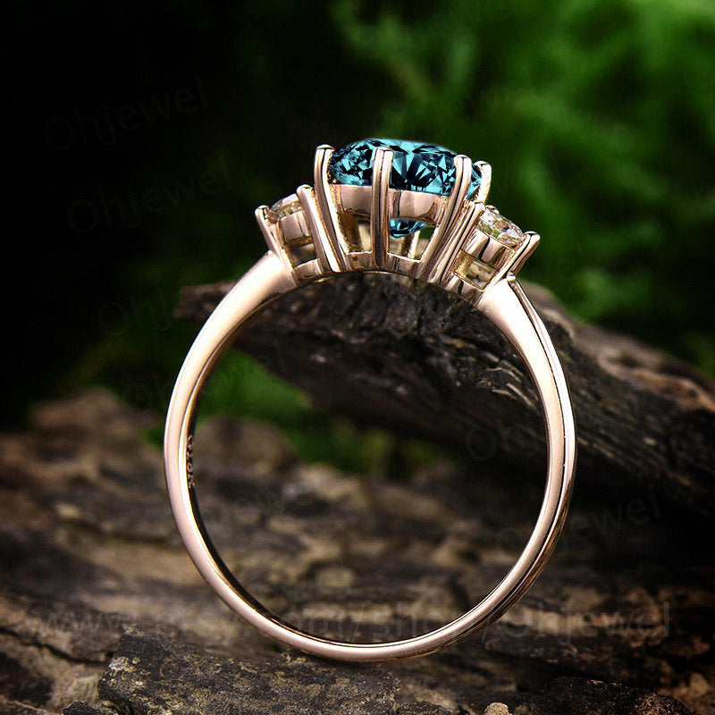 Three stone moissanite ring 14k rose gold ring color change alexandrite engagement ring vintage round 7mm alexandrite women wedding ring