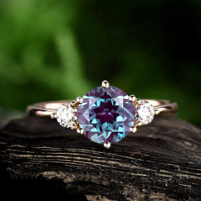 Three stone moissanite ring vintage alexandrite engagement ring white gold ring women June birthstone ring anniversary wedding ring gift